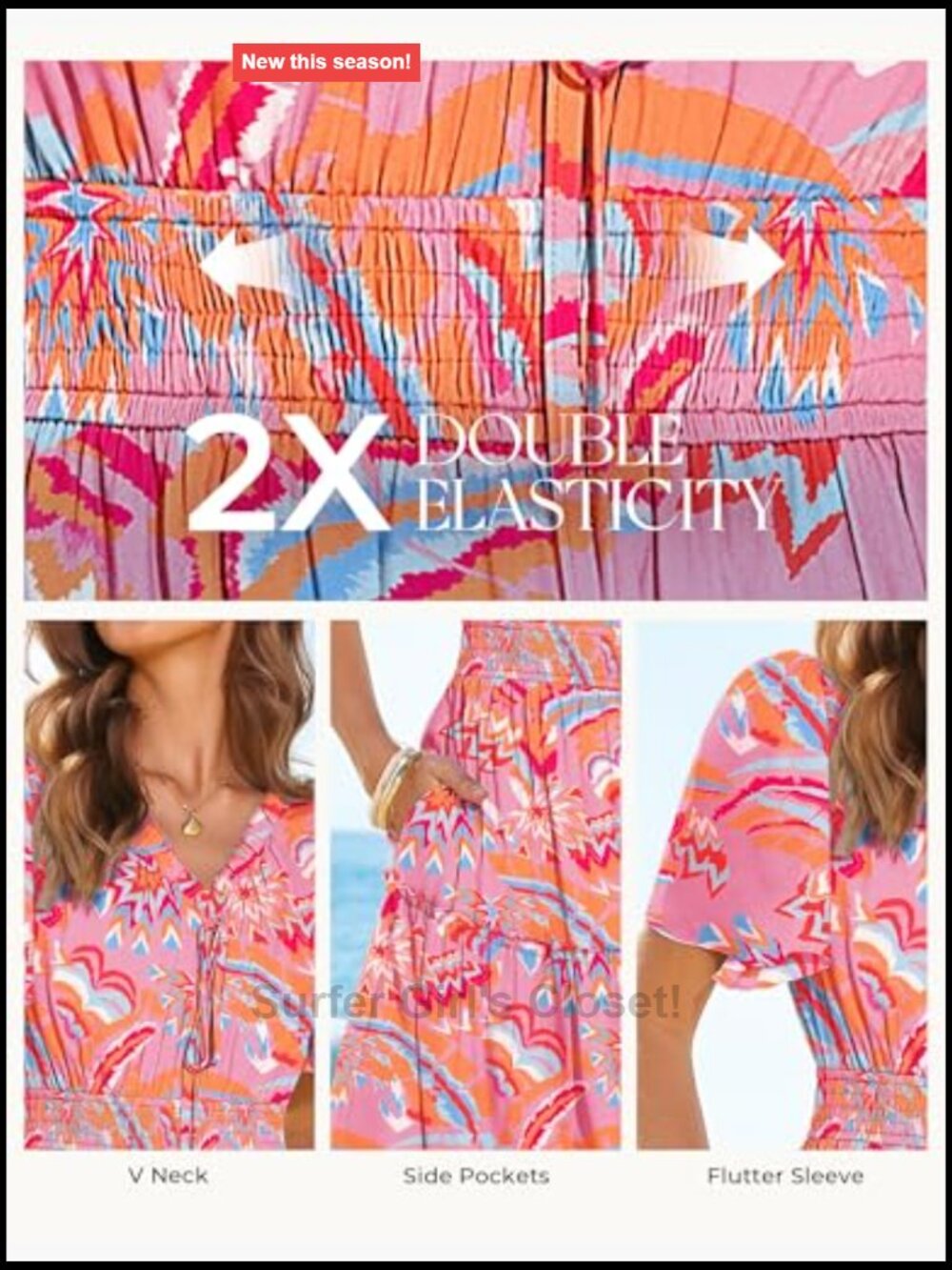 Floral Maxi Dress V-Neck Smocked Waist Short Sleeve with Pockets - Picture 4 of 7